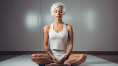 white female sitting on floor with legs crossed in calm mood